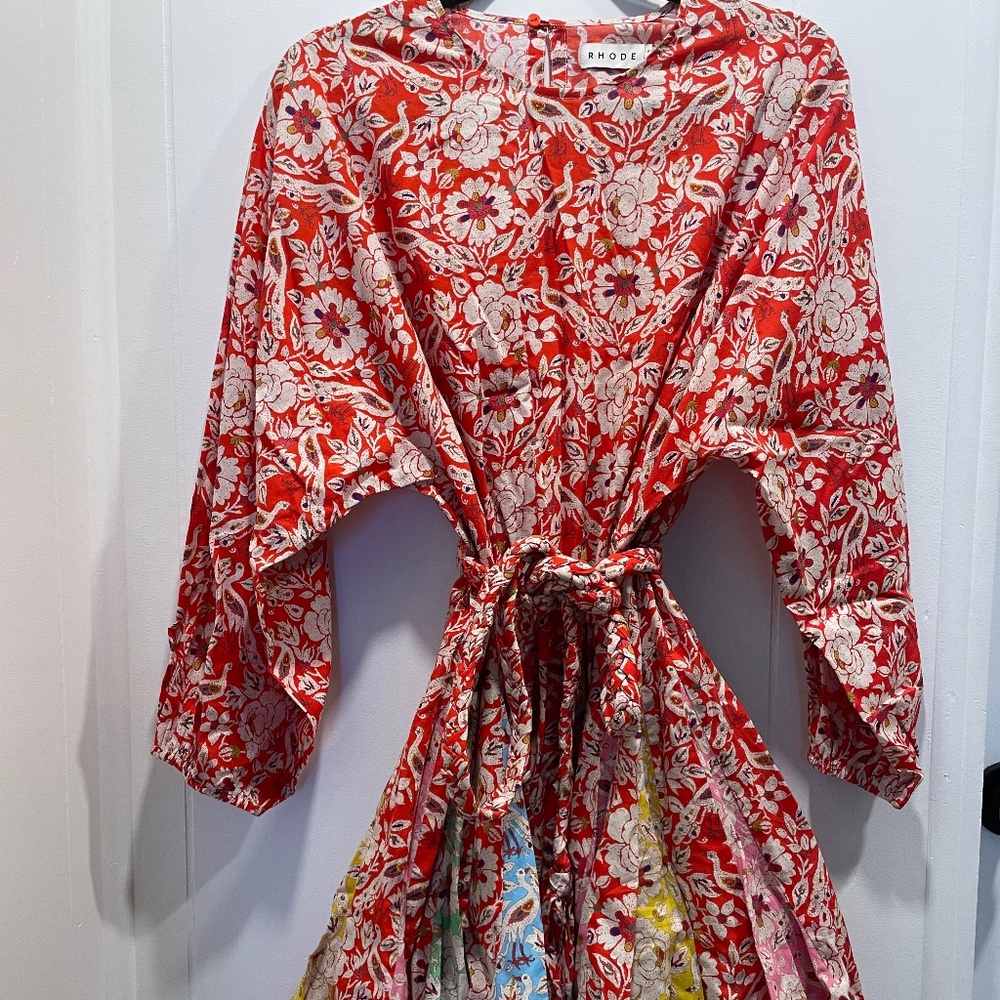 RHODE Ella dress with belt, red floral with rainbow skirt